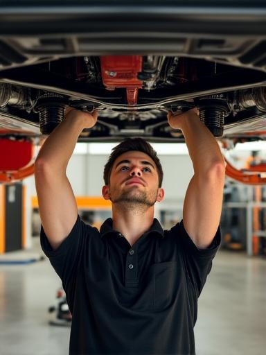 車の底面を点検するプロのメカニック